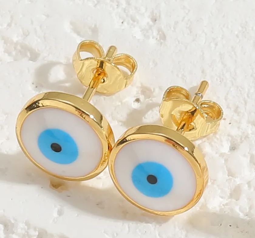 Round Studs Casual Evil Eye Epoxy Plating Inlay Copper Zircon 14K Gold Plated Ear Studs