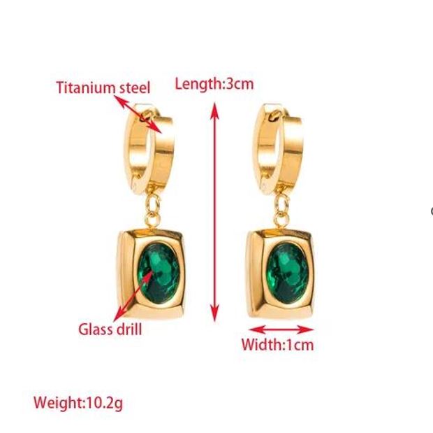 Green Square Shape Inlay Titanium Steel Rhinestones Gold Plated Drop Earrings