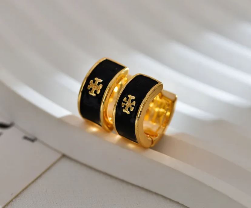 Black & Gold Elegant Luxurious Queen U Shape Printing Enamel Stainless Steel Earrings