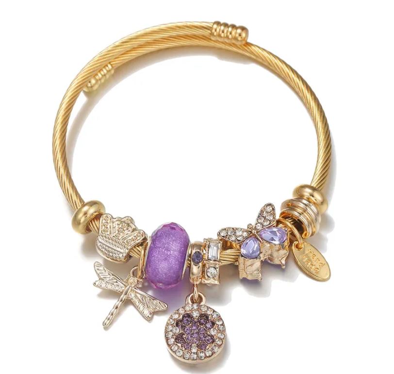 Purple Dragonfly Stainless Steel Plating Charms Bangle