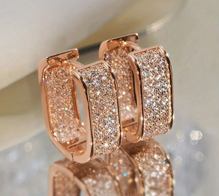 Rose Gold U Shape Copper Inlay Zircon Earrings