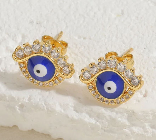 Sapphire Blue Devil's Eye Epoxy Plating Inlay Copper Zircon 14K Gold Plated Ear Studs