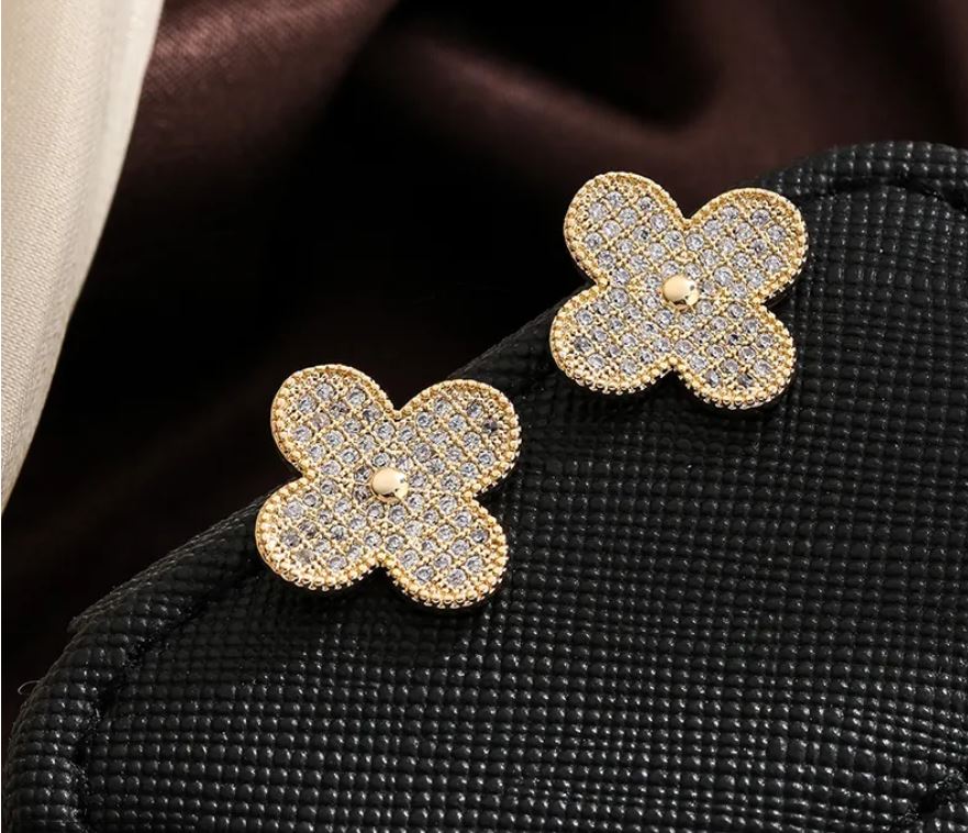 Diamond Four Leaf Clover Flower Plating Inlay Copper Zircon 18K Gold Plated Ear Stud