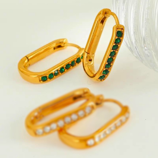 Simple Green Style Geometric Inlay Titanium Steel Zircon 18K Gold Plated Earrings