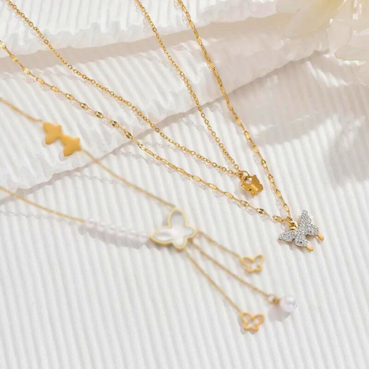 Stainless Steel Imitation Pearl Shell 14K Gold Plated IG Style Shiny Butterfly Beaded Inlay Shell Zircon Double Layer Necklaces Pendant Necklace
