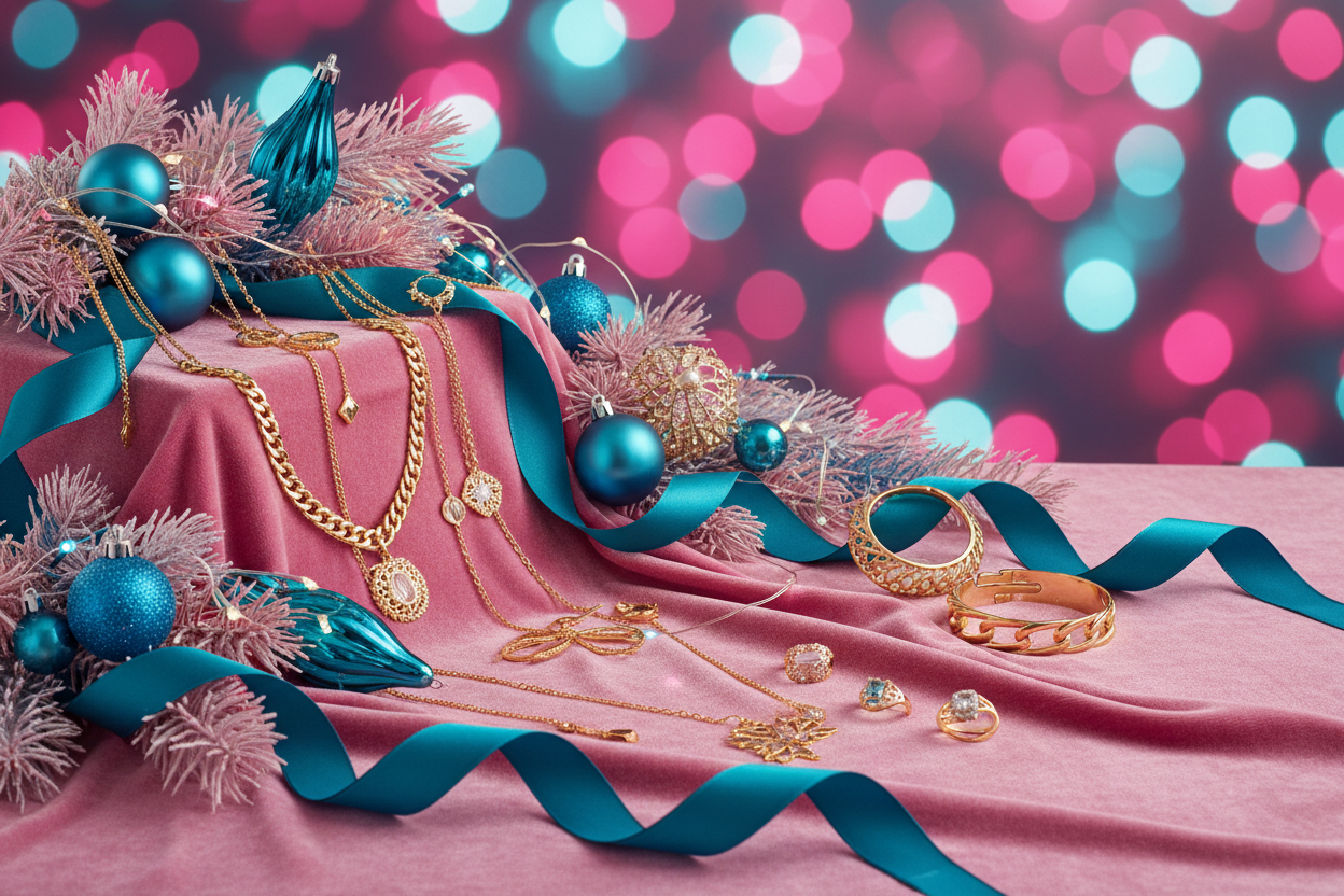 Use gold jewelry  please and more pink , blue and teals. And no writing 